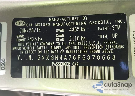 2015 Kia Optima Ex из США, поврежденный, VIN 5XXGN4A76FG370668